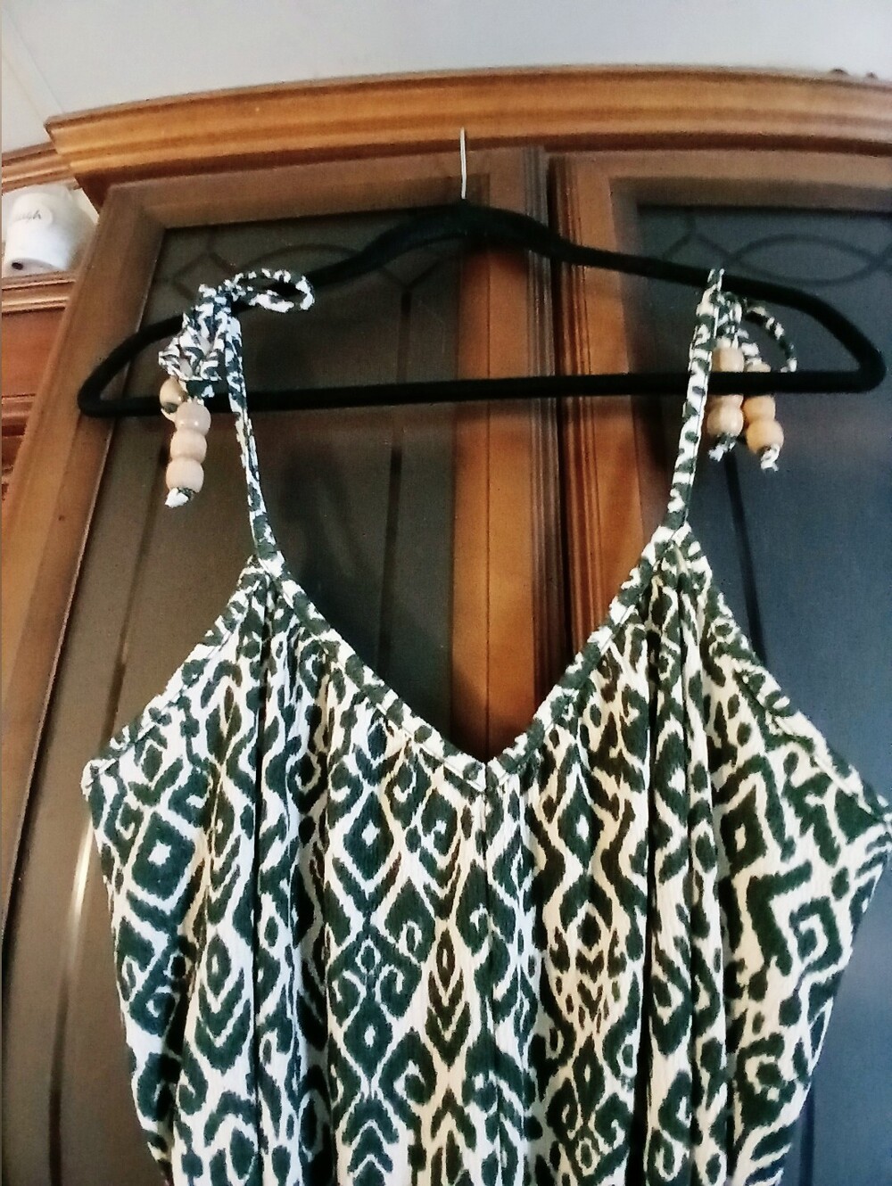 Green and Cream Women's Boho Jumpsuit/ Romper with pockets and Tie Waist